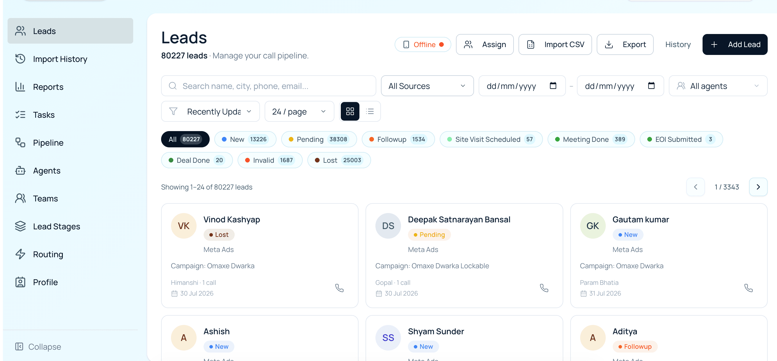 NexoCRM Leads inbox — 80,227 real estate leads with stage chips for New, Pending, Followup, Site Visit Scheduled, Meeting Done, EOI Submitted and Deal Done, plus source, campaign and agent on every lead card